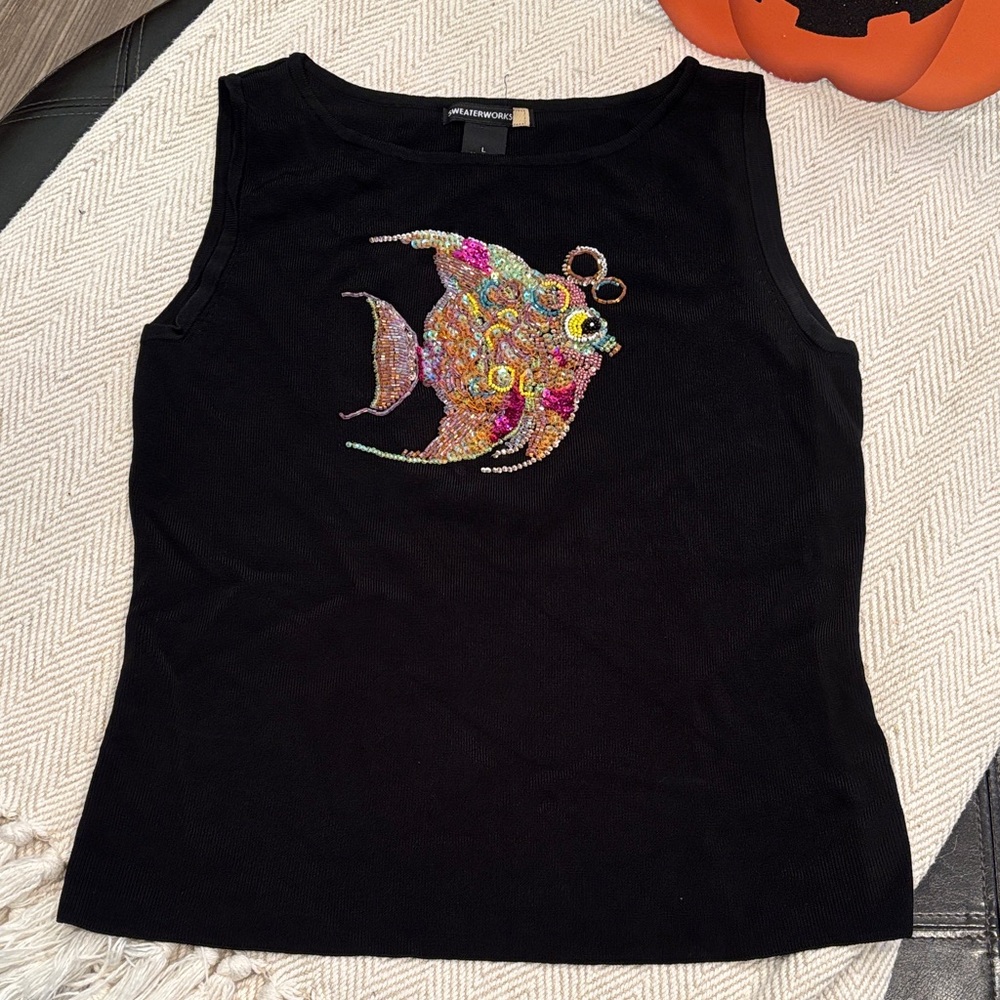 Sweaterworks Black Top with Vibrant Fish Design